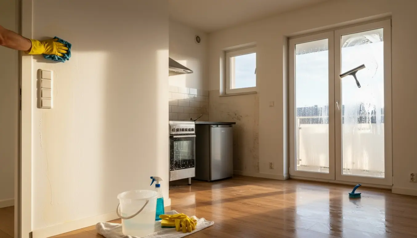 Handskerede hænder vasker nikotinpletter i en 35 m² flytterengjort lejlighed med pudset vindue og terrassedør.