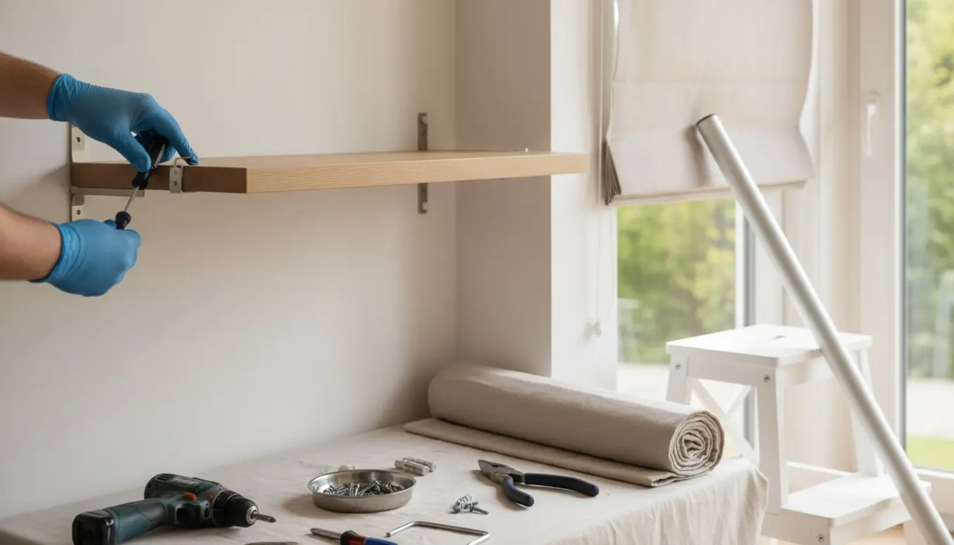 Nærbillede af hænder, der skruer beslag af en svævehylde ved et vindue med et delvist nedtaget rullegardin og værktøj ved siden af.