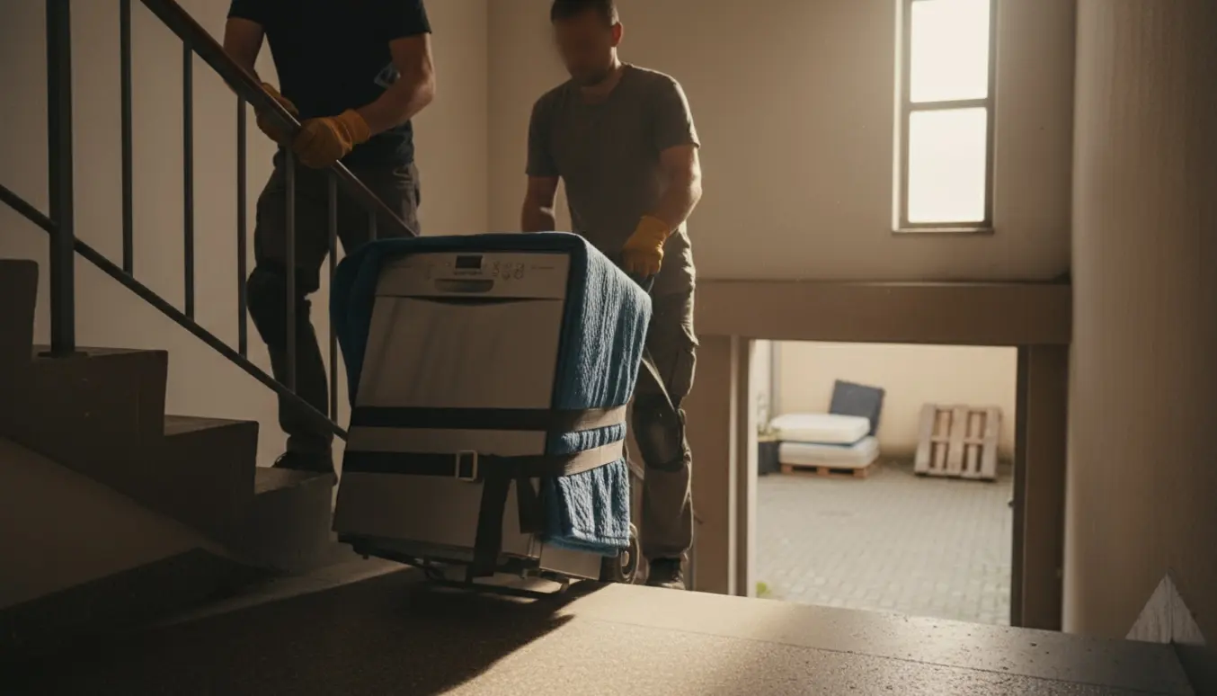To flyttefolk bærer en kompakt opvaskemaskine ned ad trappen mod gårdens storskraldsplads.