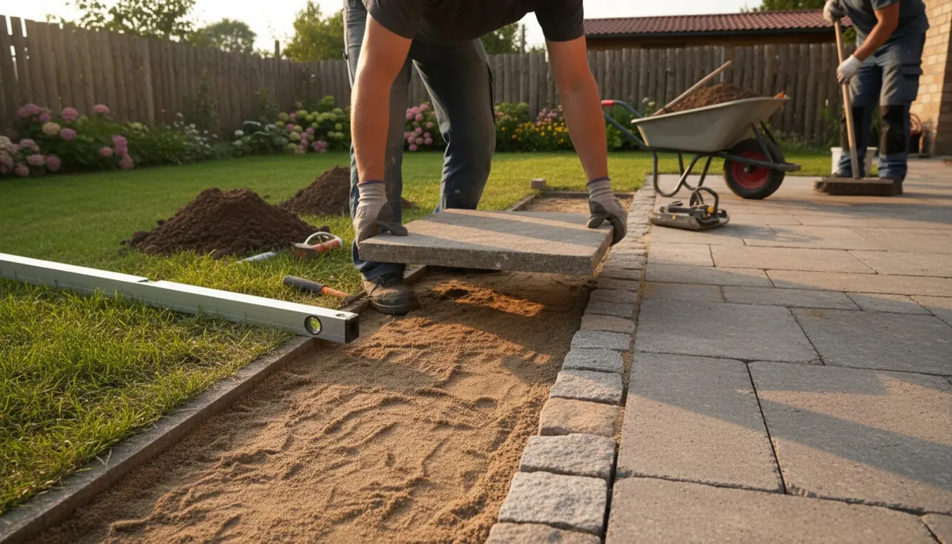 Håndværker lægger 50x50 fliser med chausersten som kant på en forberedt komprimeret bund i en have.