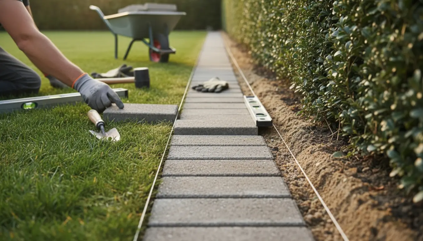 Række med 14x21 cm kantfliser lagt som kant mellem græsplæne og hæk med værktøj ved siden af.