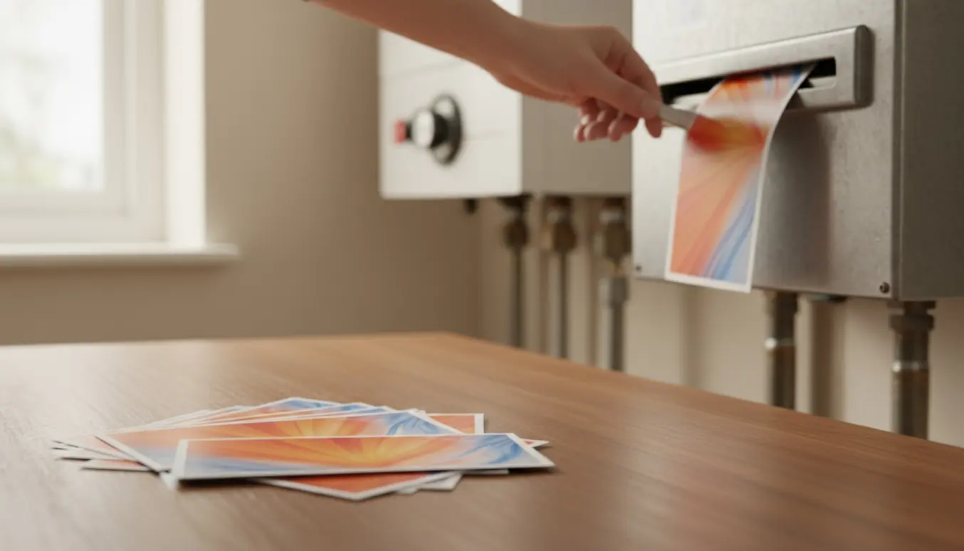 Stablede reklameflyers på et bord, med en hånd der putter et eksemplar i en postkasse og en flyer hængende på et gasfyr i baggrunden.