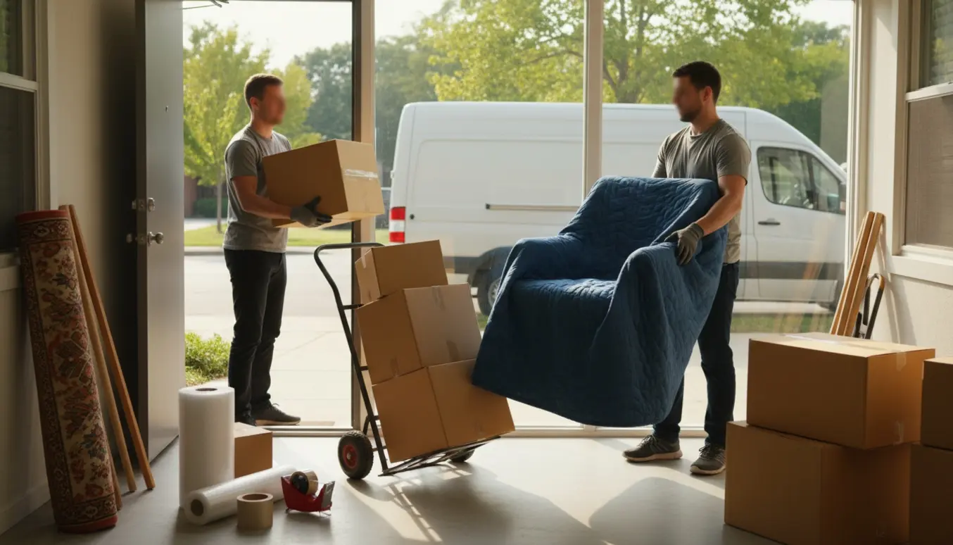 Flyttekasser bæres fra en lejlighed mod en ventende flyttebil, fokus på hænder og flytteudstyr.