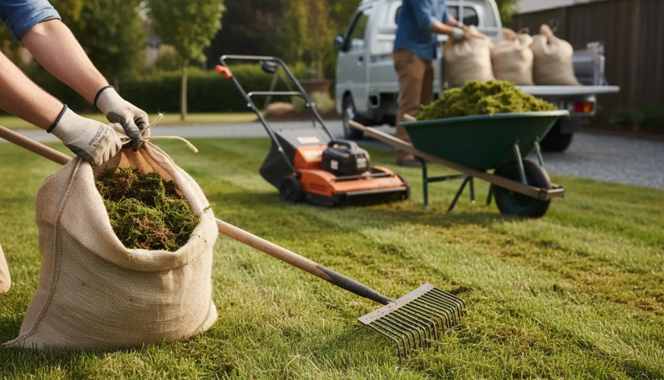 Fyldte sække med opsamlet mos læsses i en varevogn foran en nyrenset græsplæne.
