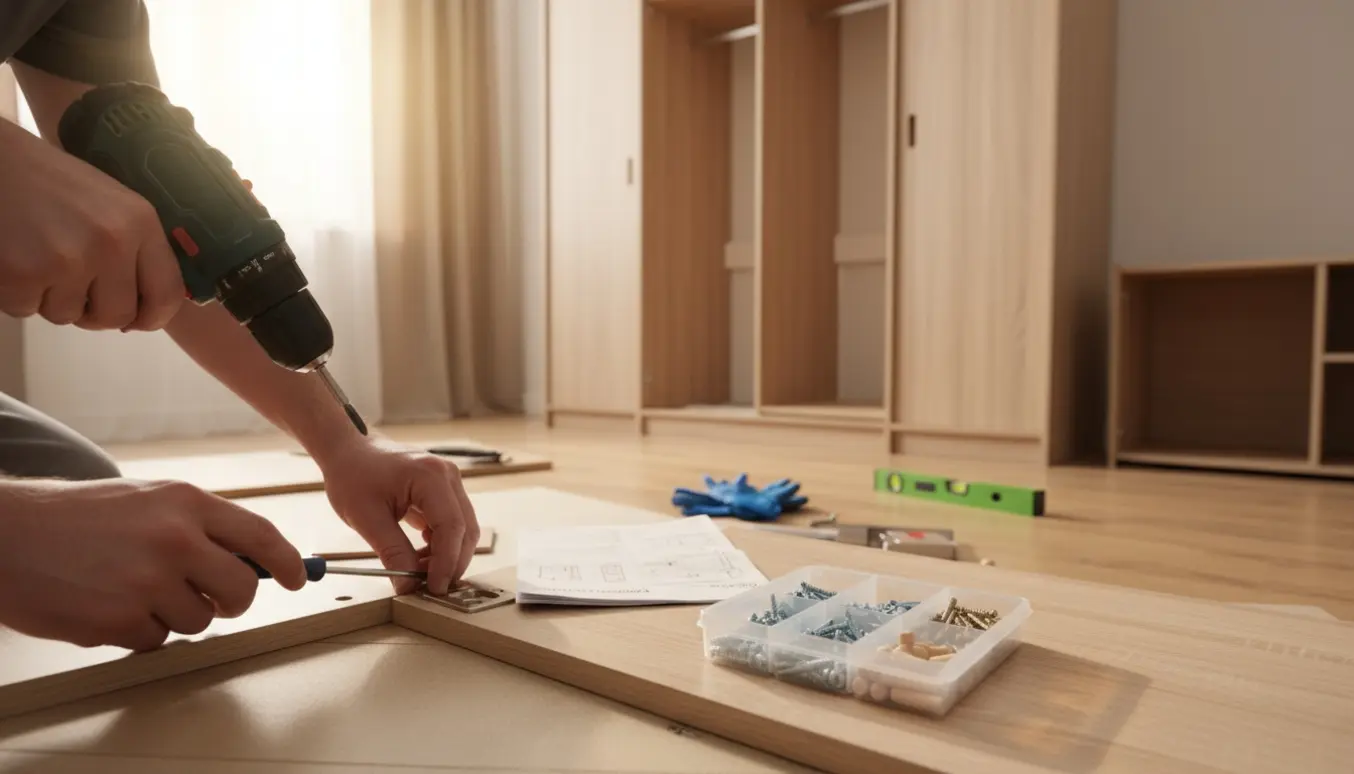 Nærbillede af hænder, der monterer hængsel på garderobedør i et lyst rum med to skabe under samling.