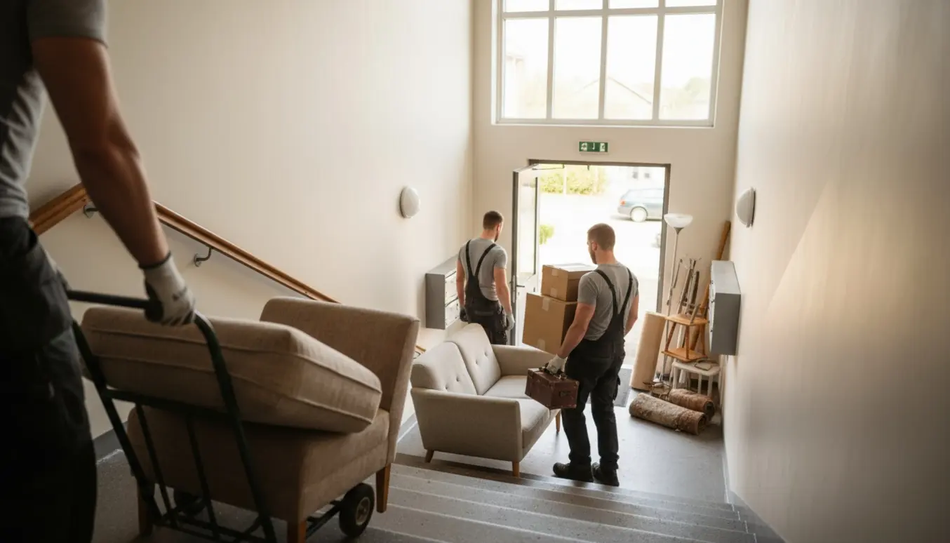 To mænd uden tydelige ansigter bærer møbler og kasser ned ad opgangstrappen mod storskrald ved indgangen.