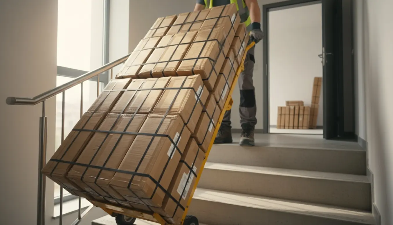 Pakker med gulvplanker bæres op ad trappen til tredje sal, kun hænder og rygge af håndværkere synlige.