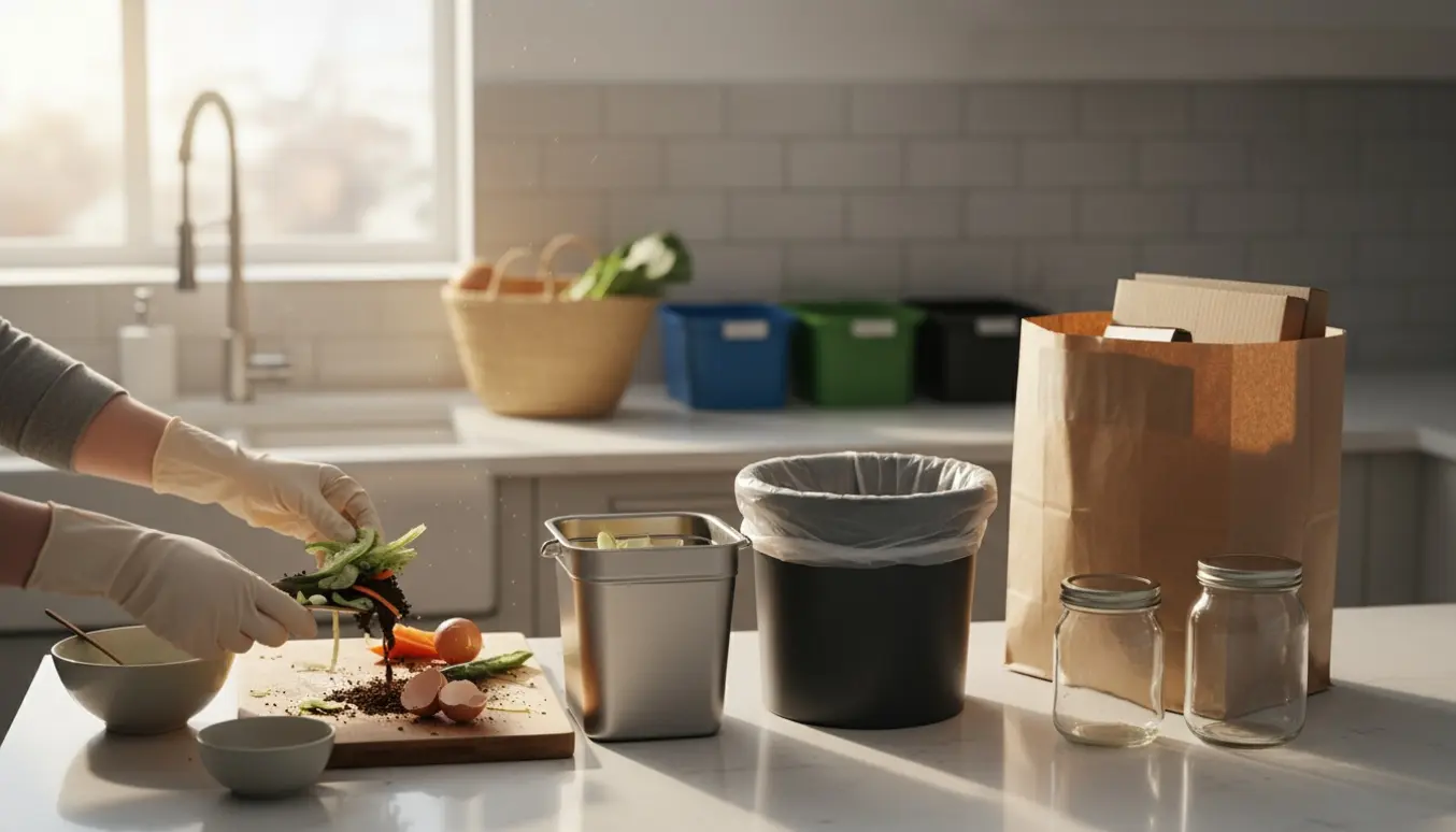 Hænder i handsker sorterer køkkenaffald i en kompostspand og forskellige affaldsposer på et lyst køkkenbord.