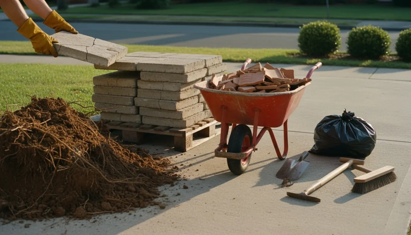 Stak af gamle fliser ved siden af en trillebør fyldt med jord og rødder klar til bortskaffelse.
