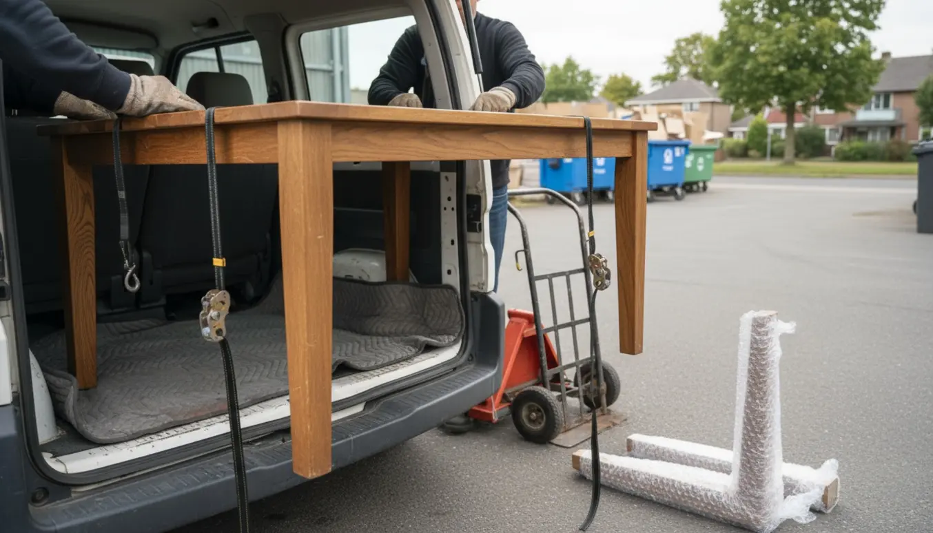 Et spisebord læsses i en varevogn, dækket af flyttetæpper og spændt fast med stropper klar til transport.