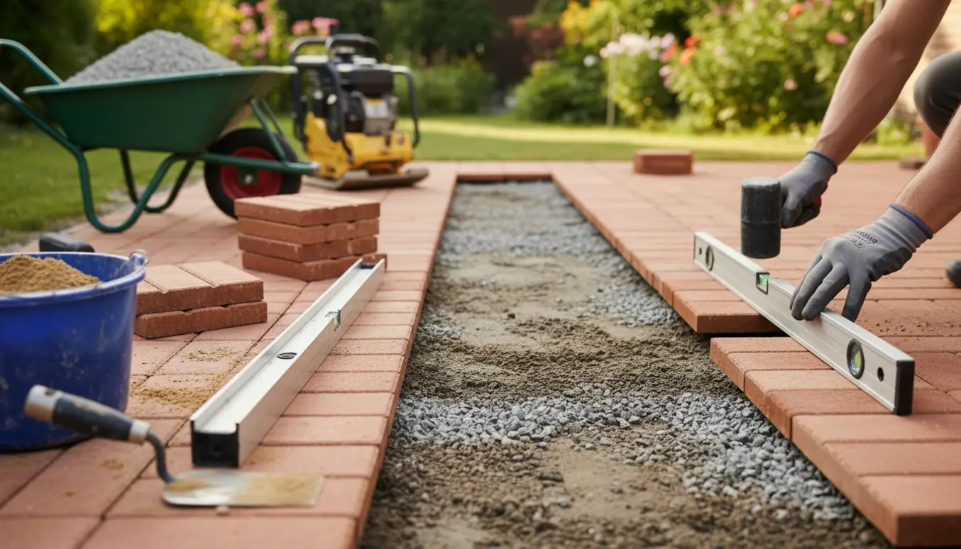 To rækker fliser er taget op på terrassen, hænder retter underlaget med pladevibrator, sand og nye fliser.