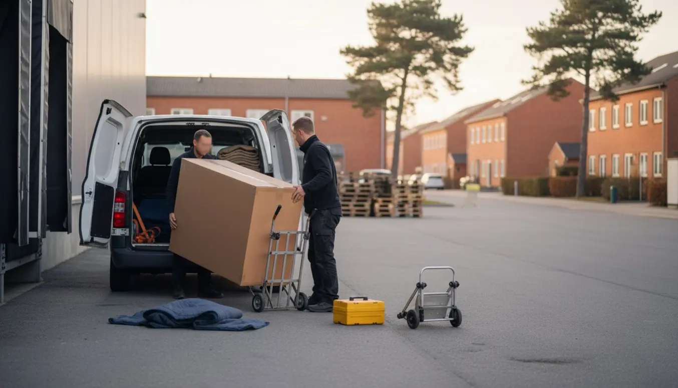 En varebil læsses med en stor, ubemærket flatpack-kasse ved en afhentningszone i blødt morgenlys.
