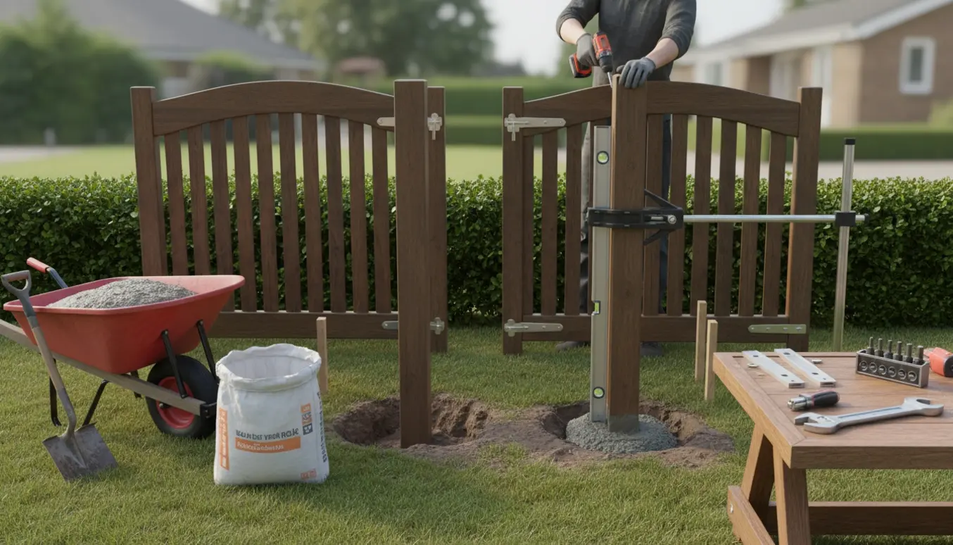 Dobbel låge og stolper sættes i beton i en have, med værktøj og beslag klar.