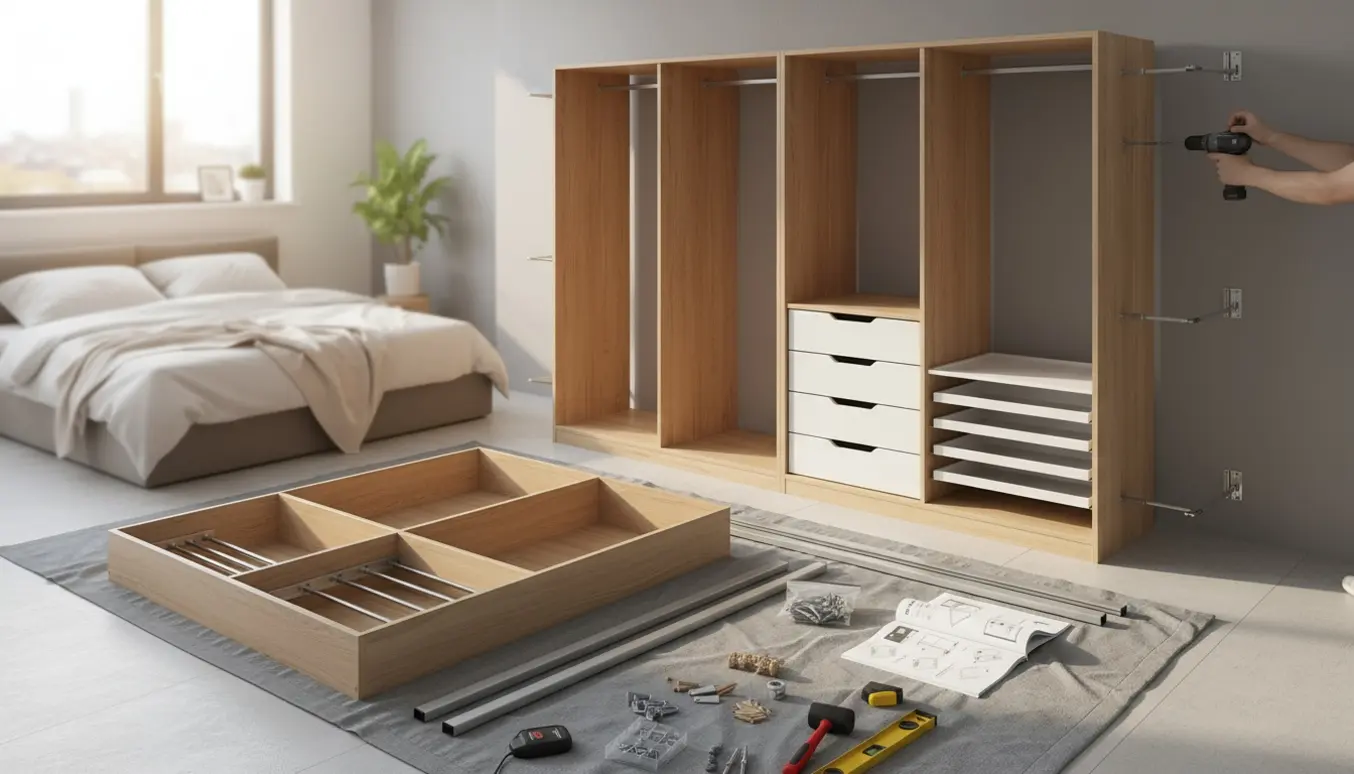 To personer monterer og fastgør to garderobestel til væggen i et lyst soveværelse med skuffer og værktøj spredt.