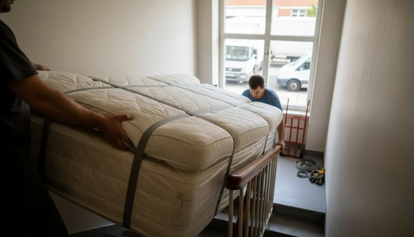 To personer bærer en indpakket 160x200 boxmadras med topmadras ned ad en opgang, uden synlige ansigter.