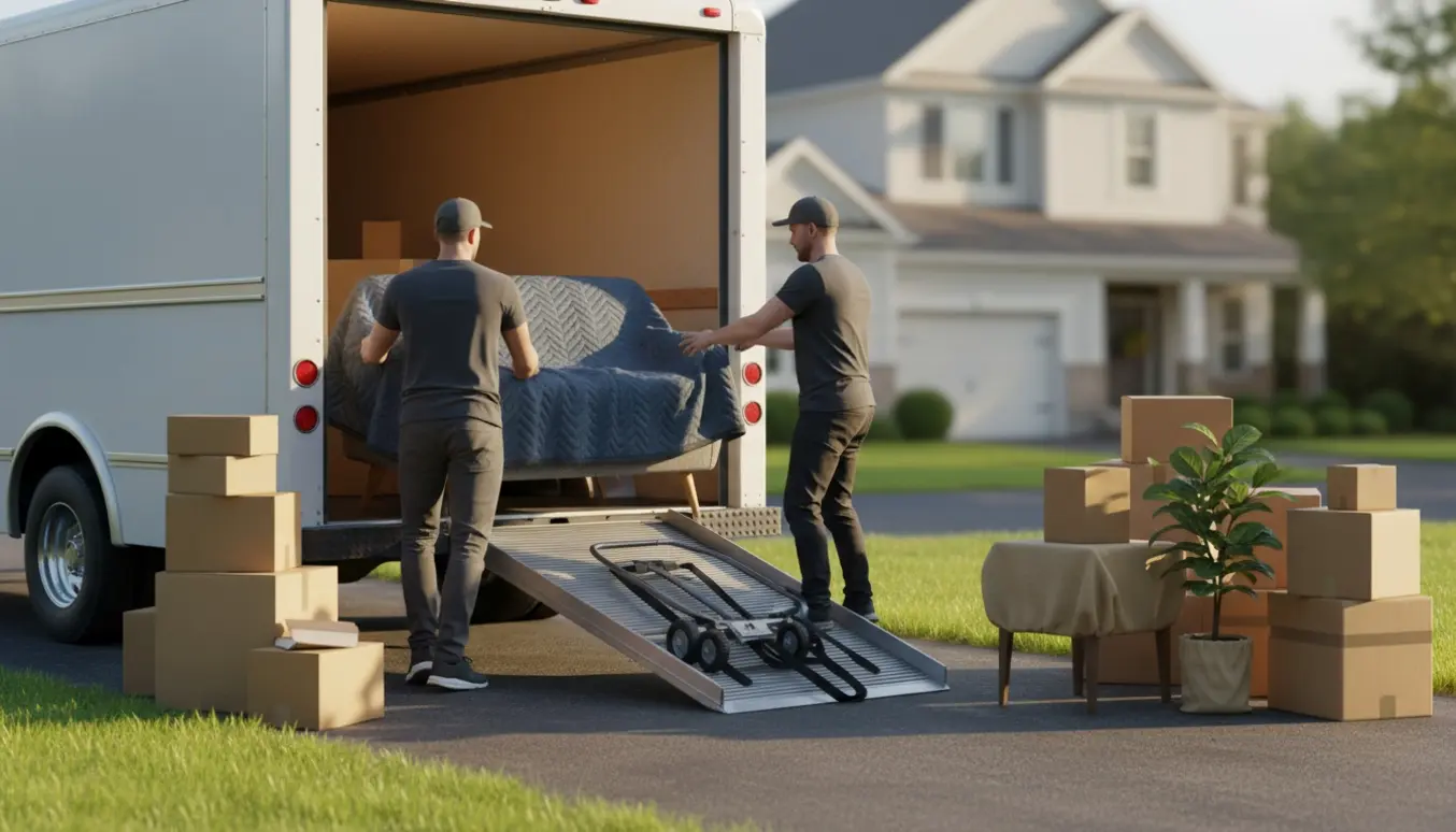 To flyttemænd læsser møbler og flyttekasser ind i en åben, ubrandet flyttebil foran et parcelhus i blødt eftermiddagslys.