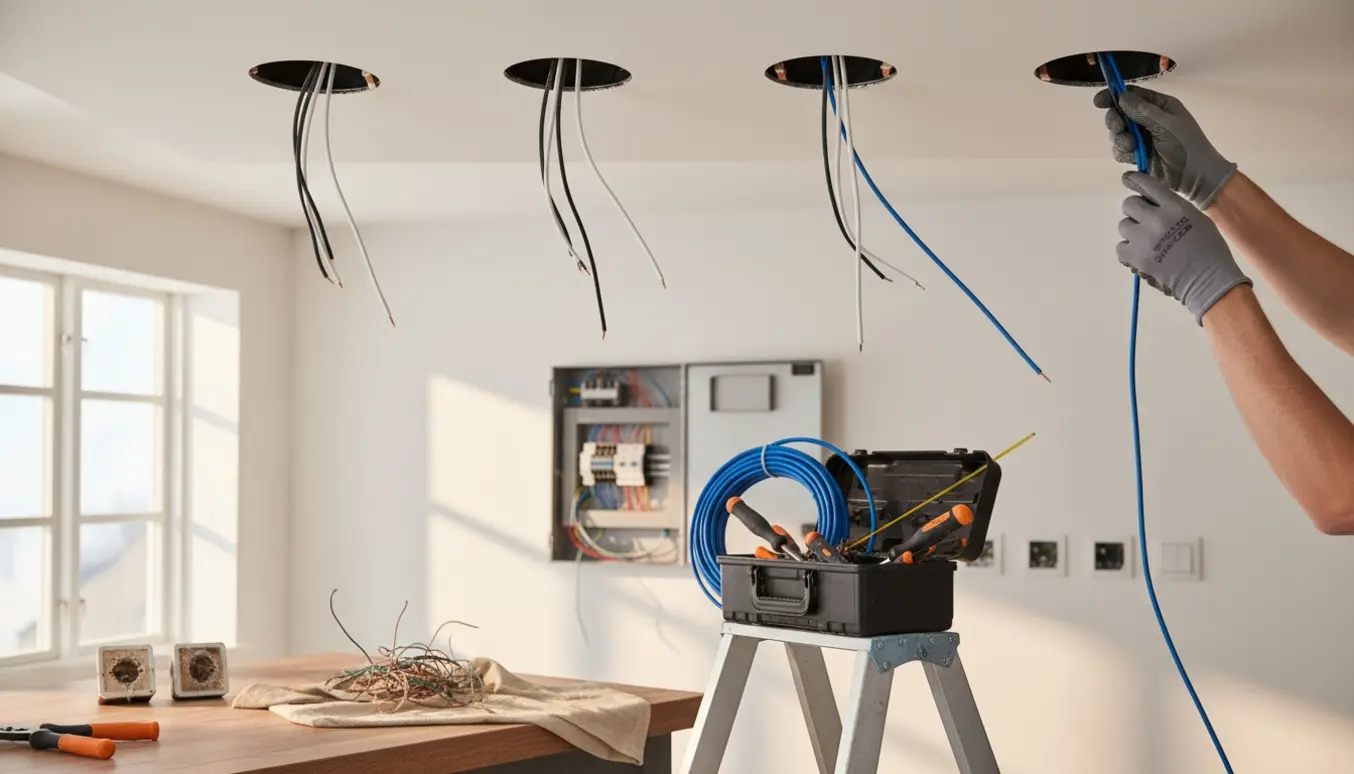 Elektriker trækker nye kabler fra eltavle til fem loftsudtag med to nye stikkontakter klar til montering.