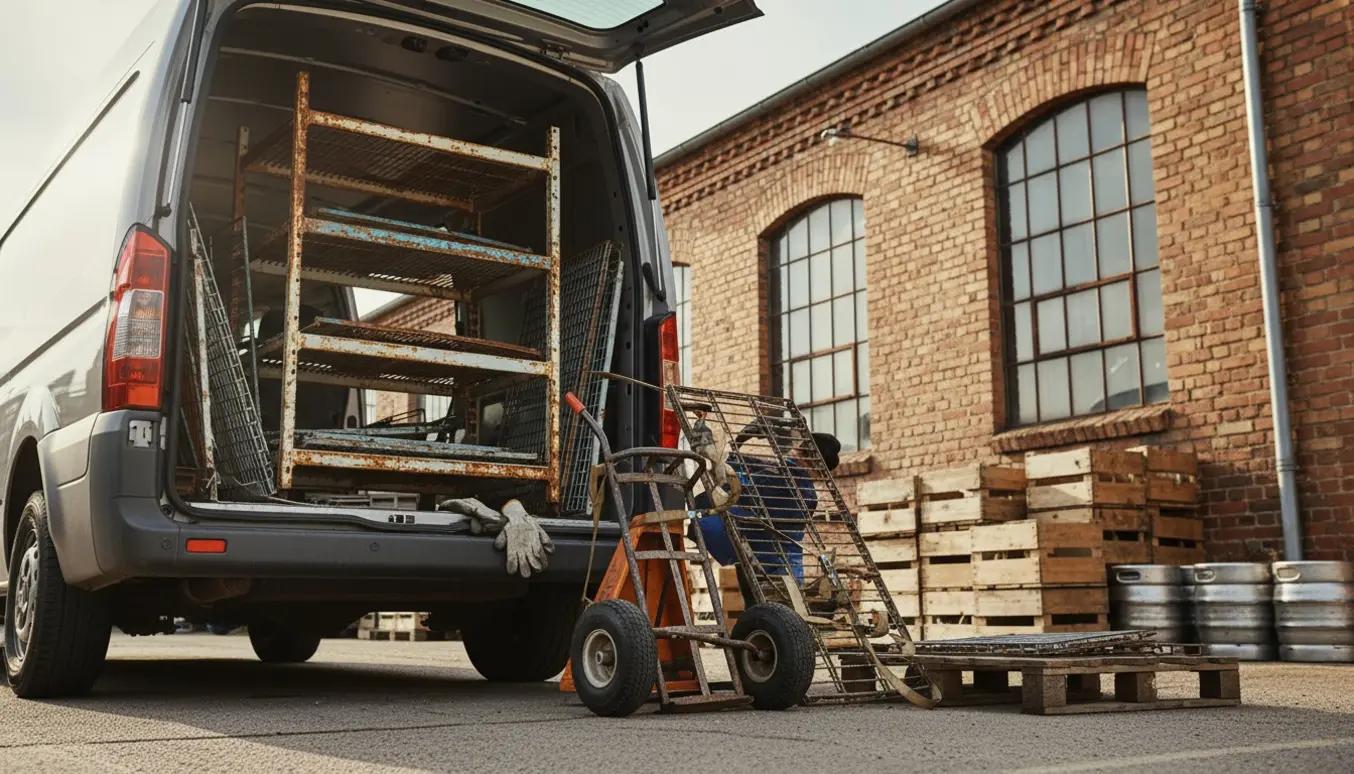 Arbejder læsser rustne metalstativer, et gammelt metalskilt og metalriste ind i en varevogn uden synlige ansigter.