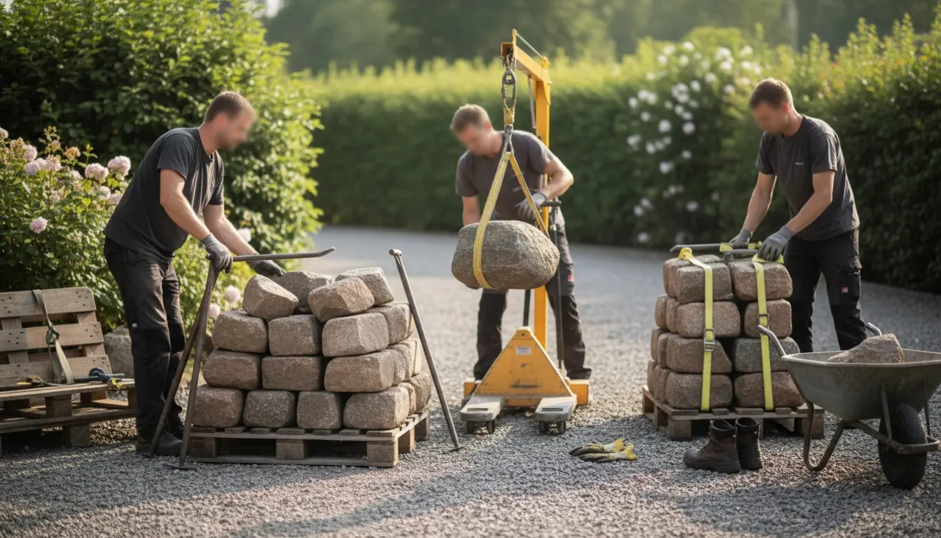 Tunge kampesten løftes med minikran og løftestrop ved en villaindkørsel.