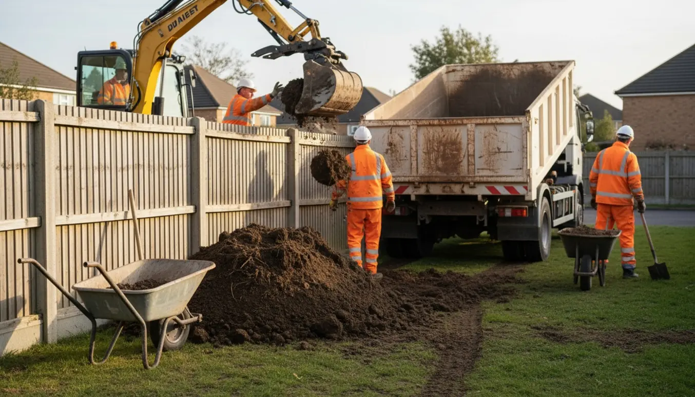 En minigravemaskine løfter jord med grab over et træhegn og tømmer det i en container til bortskaffelse.