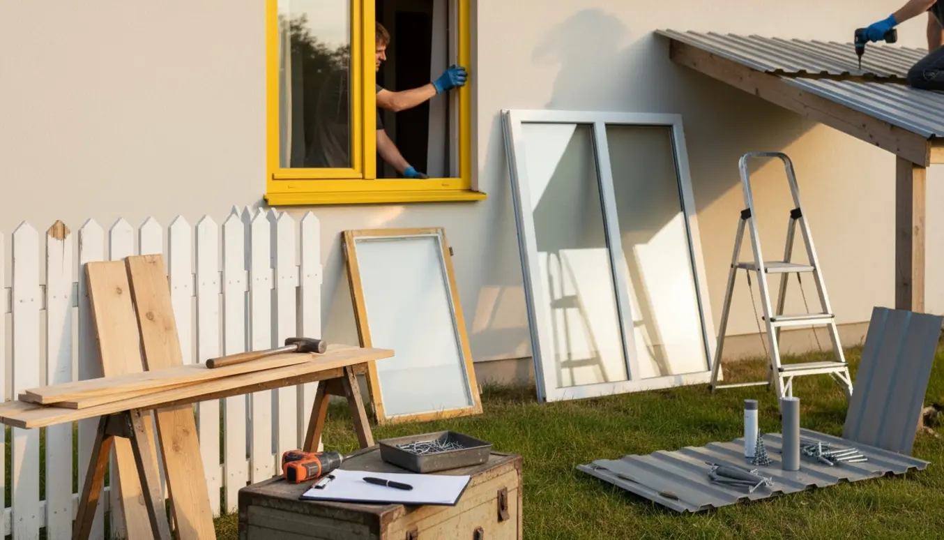 Udendørs reparationsscene med et stakit under istandsættelse, et åbent vindueshul mod et gult værelse og trapezplader på overdækning under udskiftning.