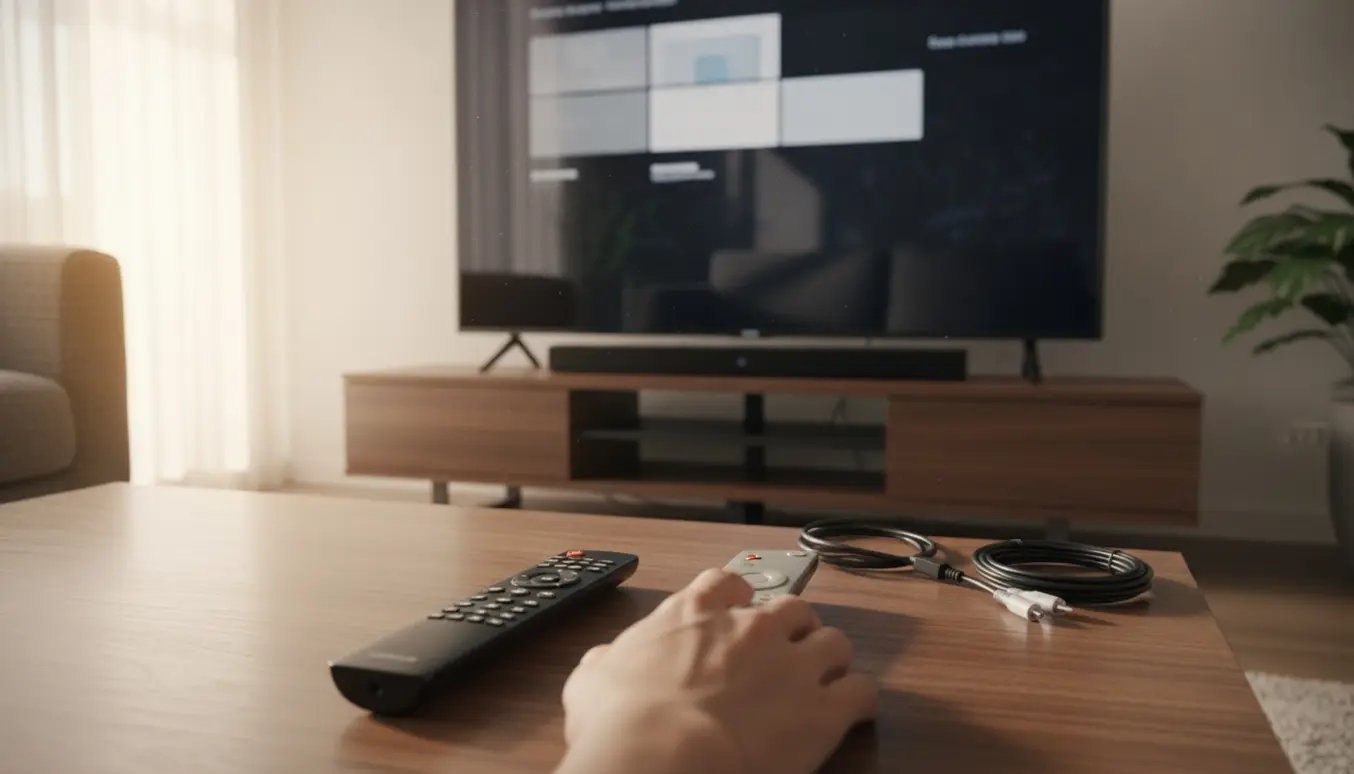 Nærbillede af fjernbetjeninger og soundbar foran et TV, hvor en person tjekker lydindstillinger uden tydeligt synlige ansigter.
