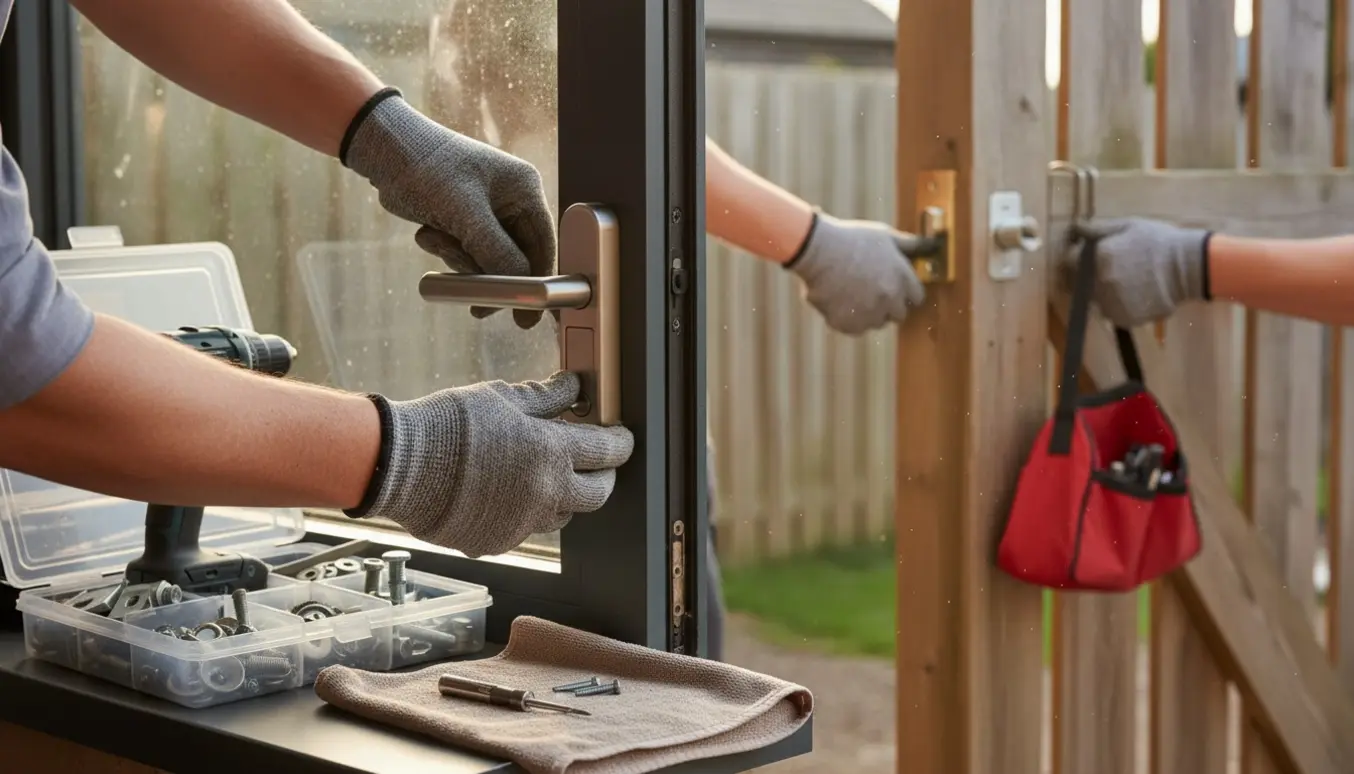 Hænder monterer nyt låsebeslag på terrassedør med værktøj og låsarbejde på havelåge i baggrunden.