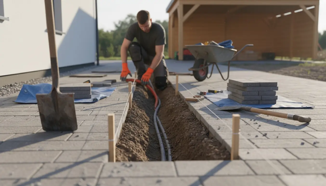 Udgravning af en smal rende mellem hus og carport med fjernede fliser og kabelrør klar til nedlægning.