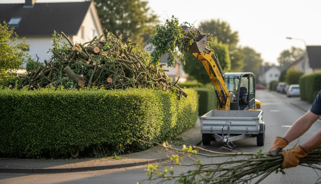 Hydraulisk grab løfter en bunke afklippede grene over en hæk til en trailer ved vejen.
