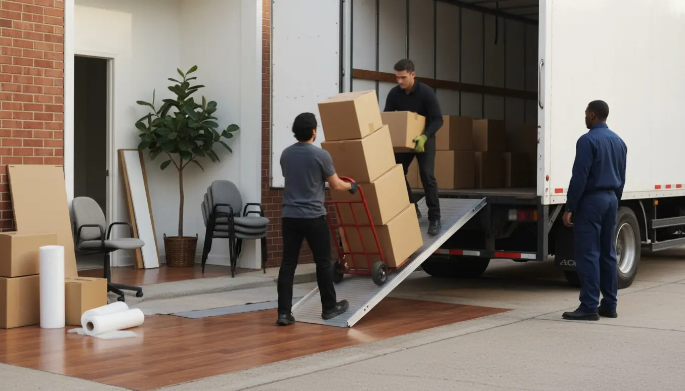 To personer læsser forseglede papkasser fra kontorets stueetage ind i en åben flyttevogn via en rampe.