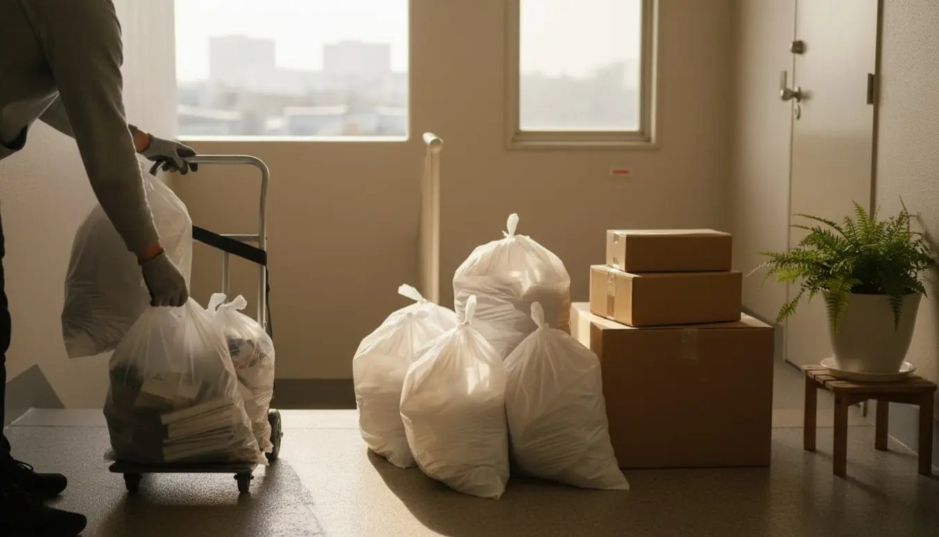 Stablede affaldssække og sammenfoldet pap på en opgang, klar til at blive båret ned fra fjerde sal.