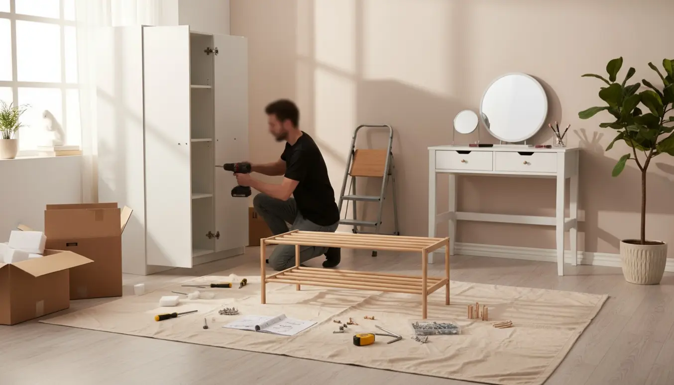 Delvist samlede fladpakkede møbler (klædeskab, skoreol, sminkebord) i et lyst rum med værktøj spredt på gulvet.