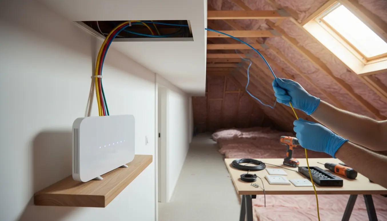 Hænder trækker Ethernet-kabler gennem loftet mod en centralt placeret router.