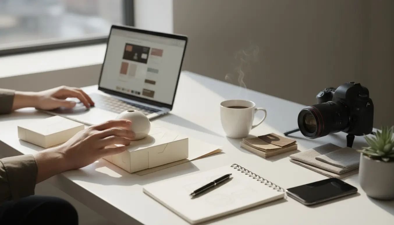 Hænder arrangerer produktprøver ved en bærbar computer på et lyst skrivebord, klar til at lave produkt- og virksomhedsbeskrivelser til en hjemmeside.