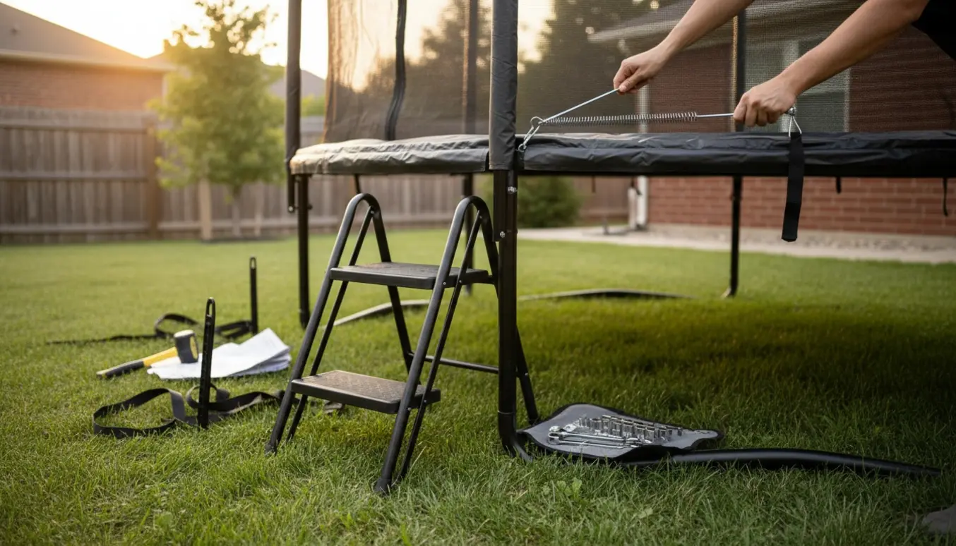 Delvist samlet sort rektangulær trampolin i have med sikkerhedsnet, stige og værktøj.