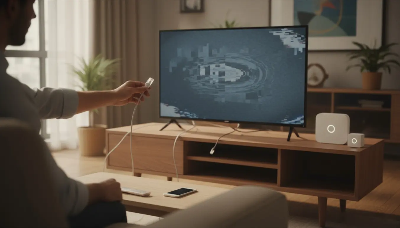 Hænder undersøger et netværkskabel bag et smart-tv i en lys og ryddelig stue.