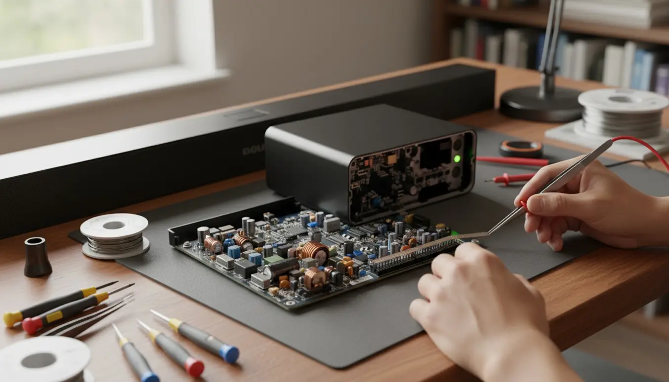 En tekniker reparerer en adskilt soundbar-subwoofer på et ryddeligt værksted med loddekolbe, multimeter og en lille EEPROM-chip.