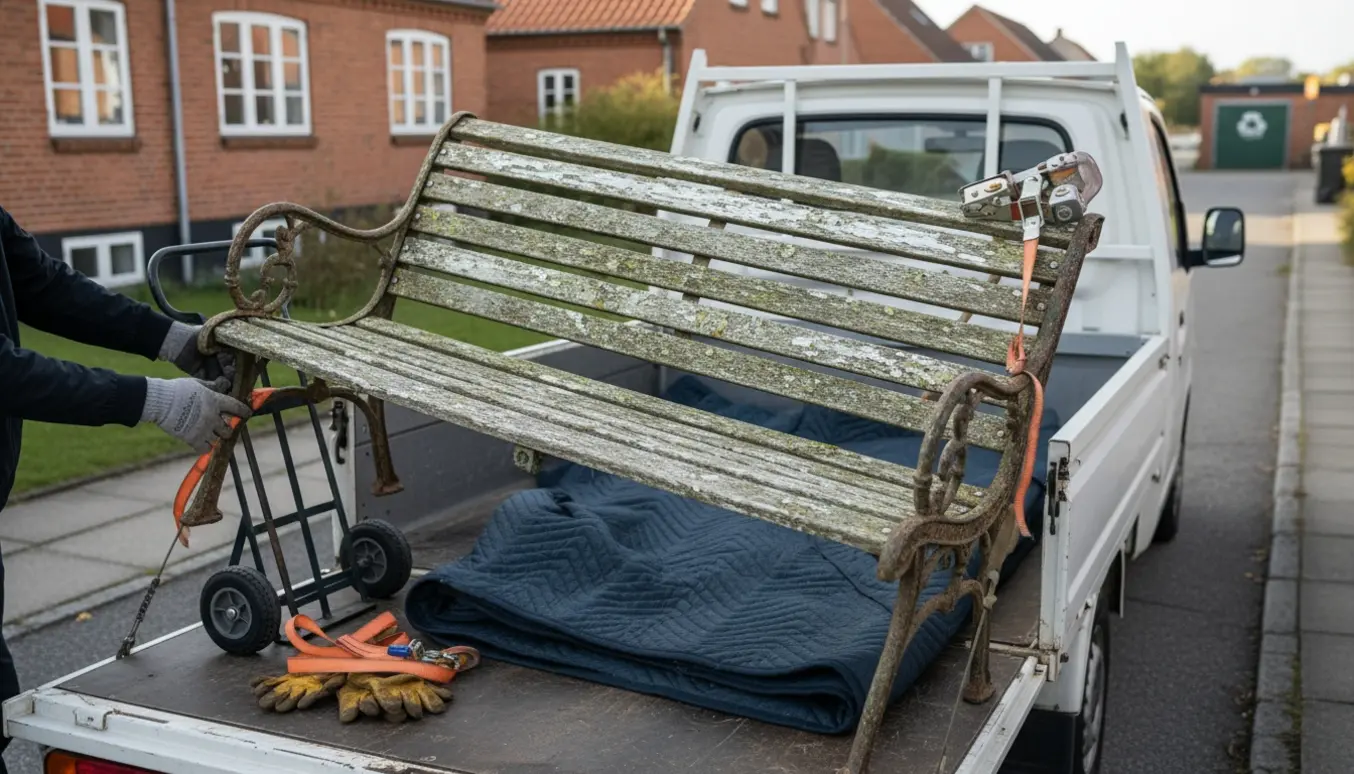 En vejscene med en havebænk, der læsses på en lille pickup, håndtag og stropper i fokus, ansigter ude af billedet.