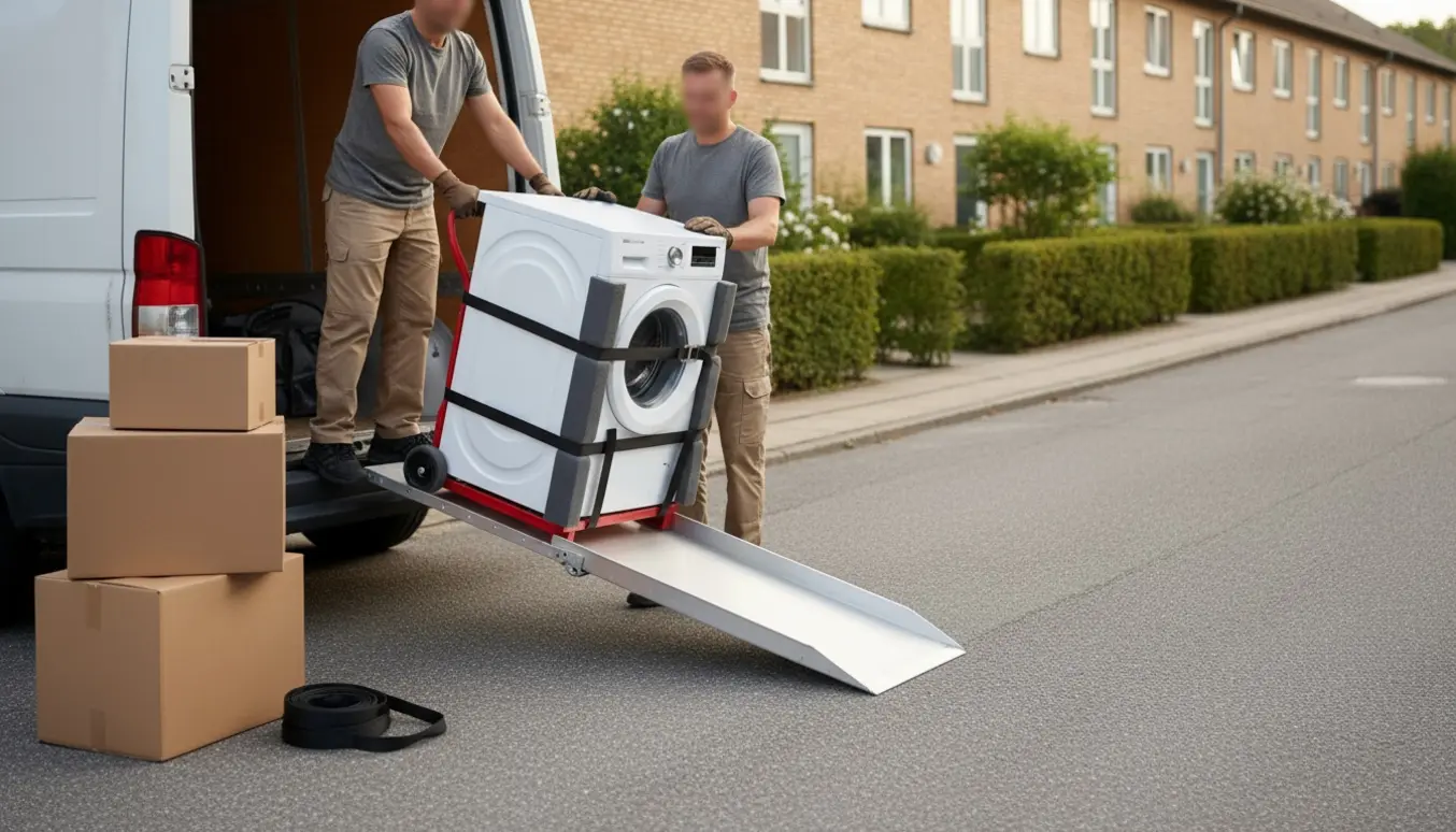 En hvid vaskemaskine på en flyttedolly læsses ind i en varevogn på en gade i Ishøj.