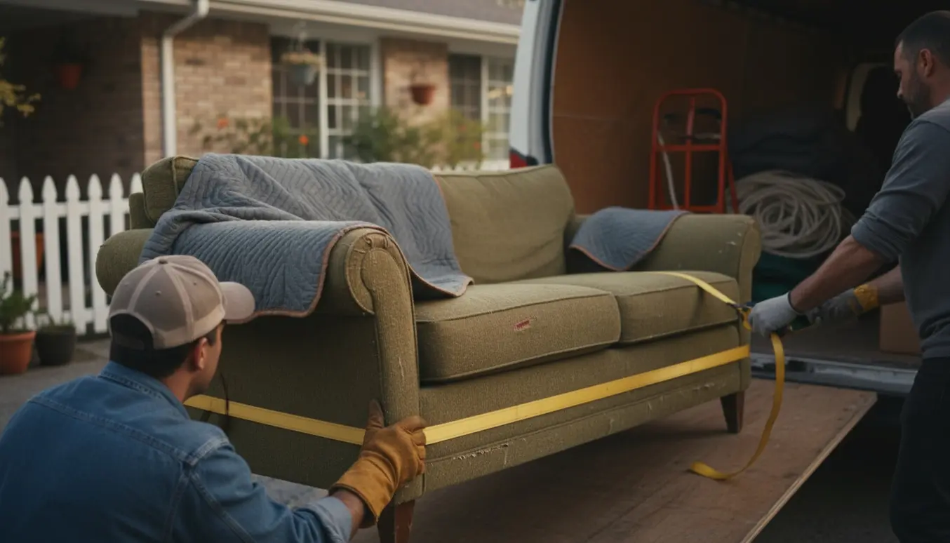 To personer løfter en gammel sofa op på en flyttevogn ved indkørsel med flyttetæpper og stropper.