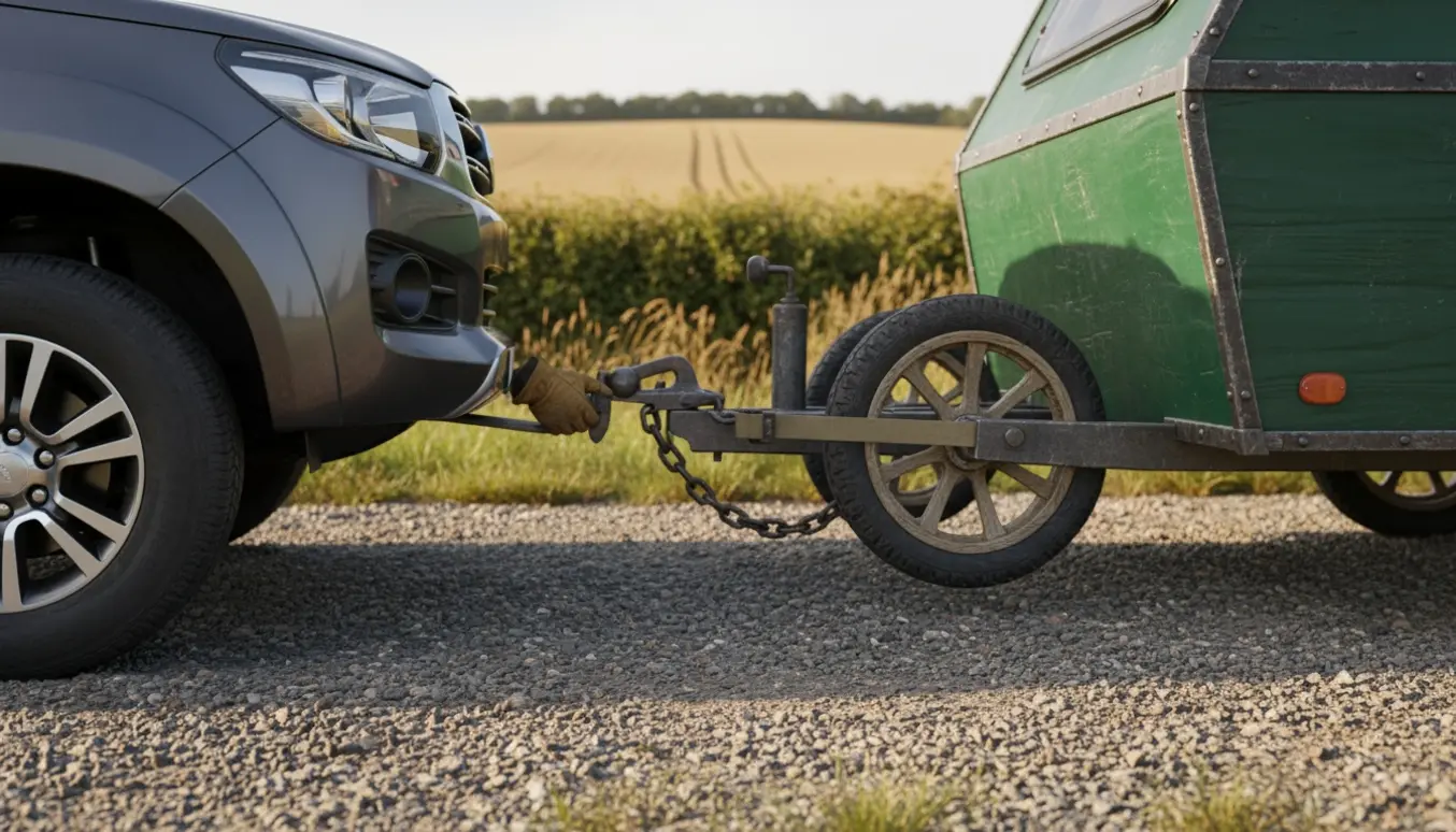 Campingvogn hitchet til en pickup på en stille landevej, hvor hænder sikrer anhængerens tilkobling.