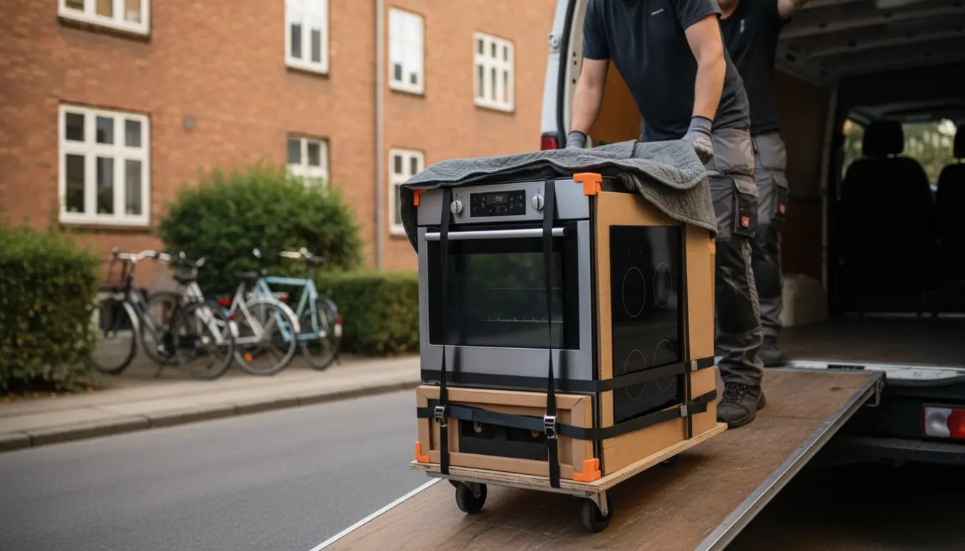 Flyttemand laster en ovn og en beskyttet kogeplade ind i en flyttebil på en stille boligvej.