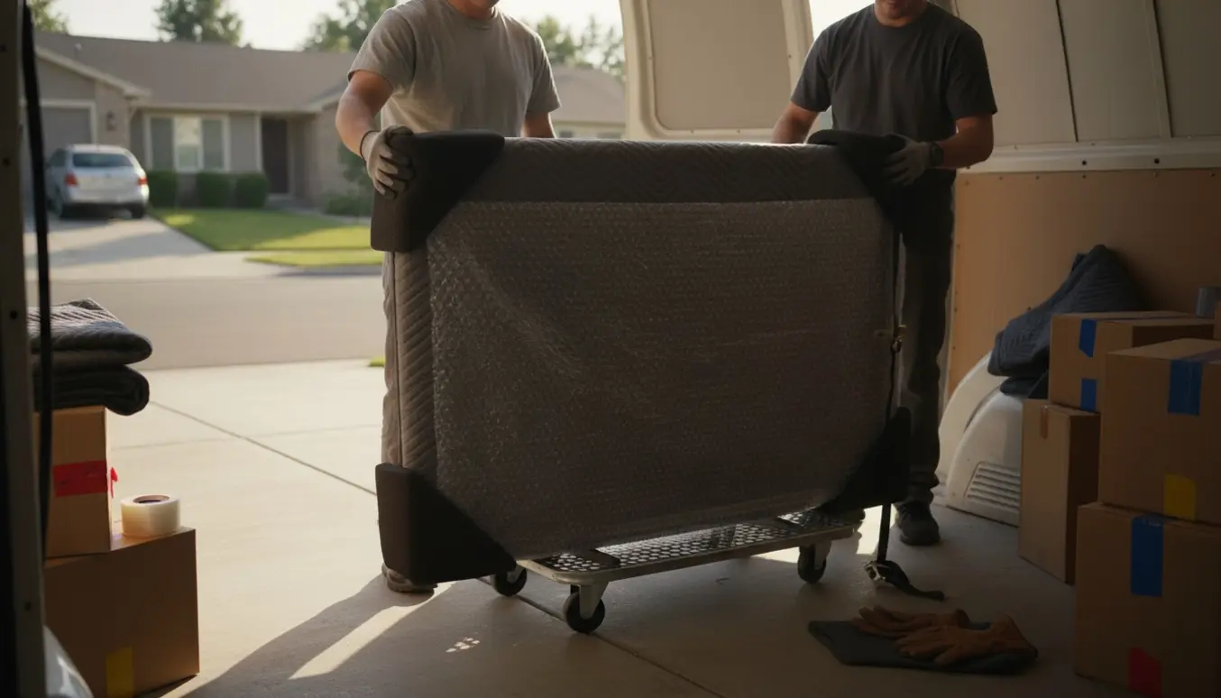 Et fladskærms-tv indpakket i flytteplaid og fastgjort i en varebil under en flytning.