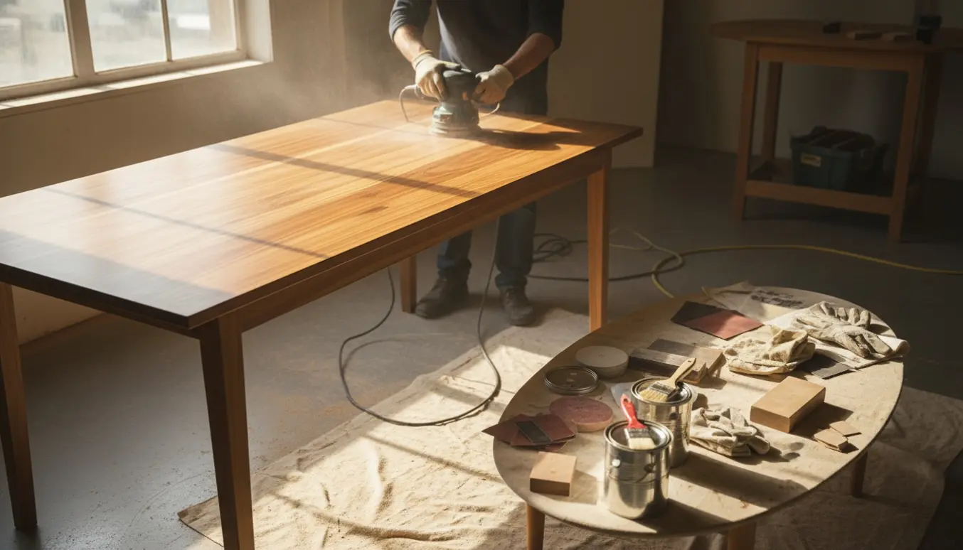 Slibning og efterbehandling af et 3 m teakspisebord og et sofabord med værktøj og træplejeprodukter.
