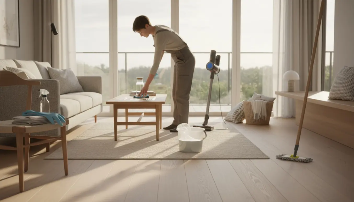Skandinavisk stue under rengøring med person set bagfra, støvsuger, moppe og rengøringsudstyr.