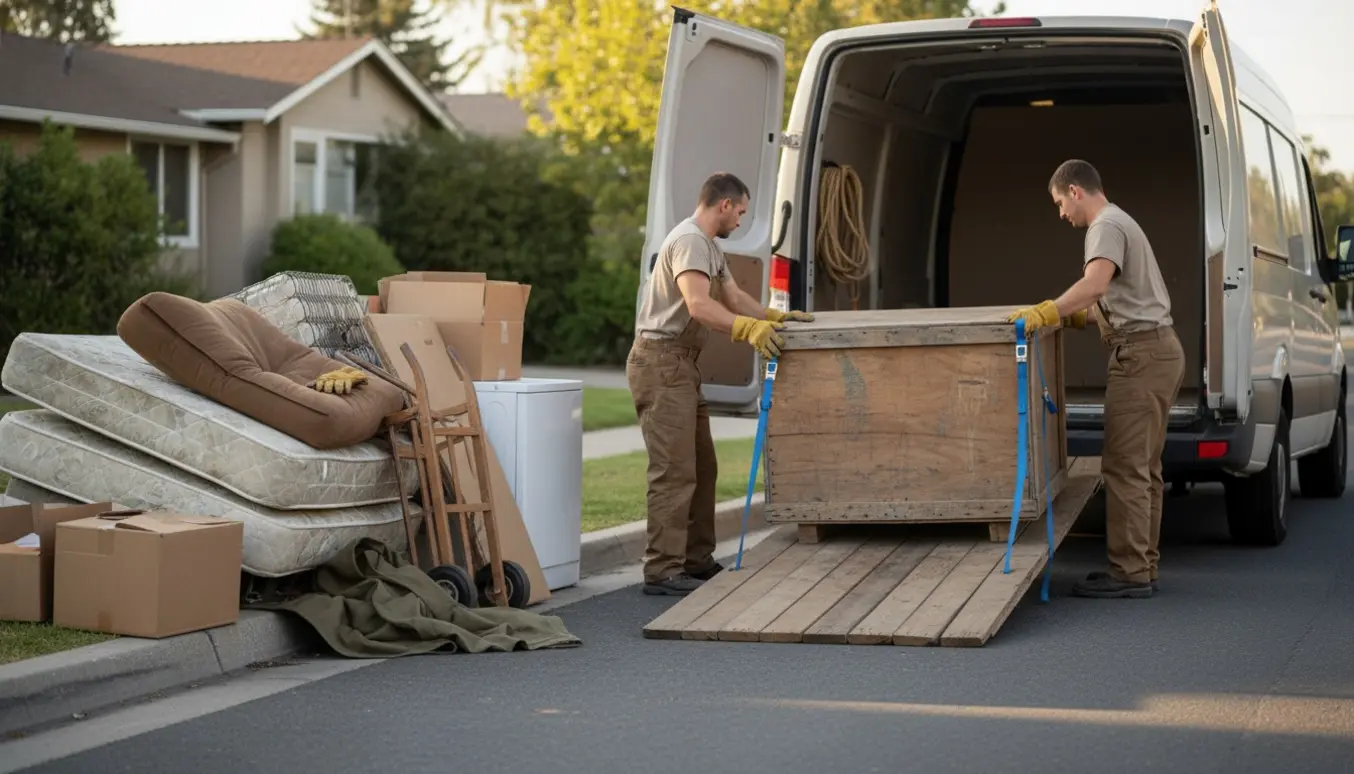 Lastbil ved fortov med arbejdere, der læsser storskrald og en stor trækasse.