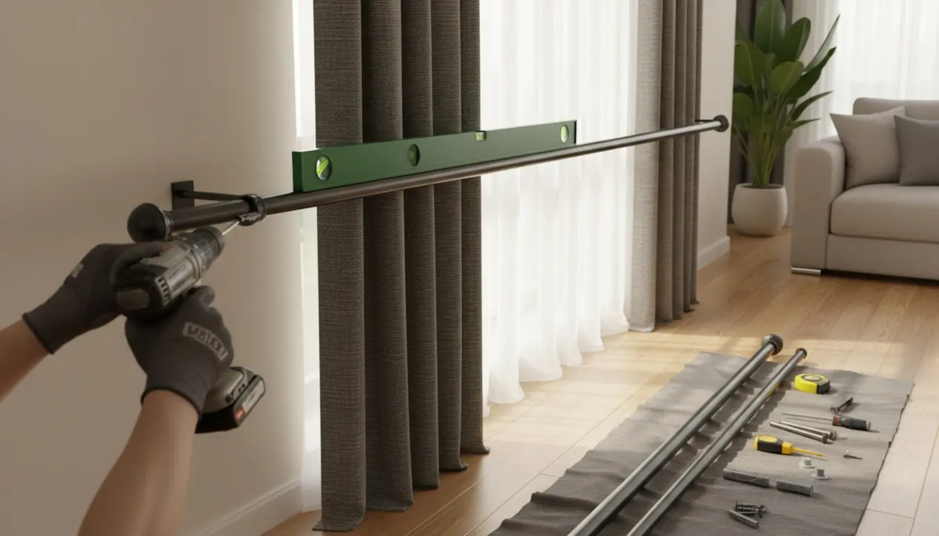 Håndværker monterer to lange gardinstænger til tunge ydergardiner over store vinduer i en lys stue.