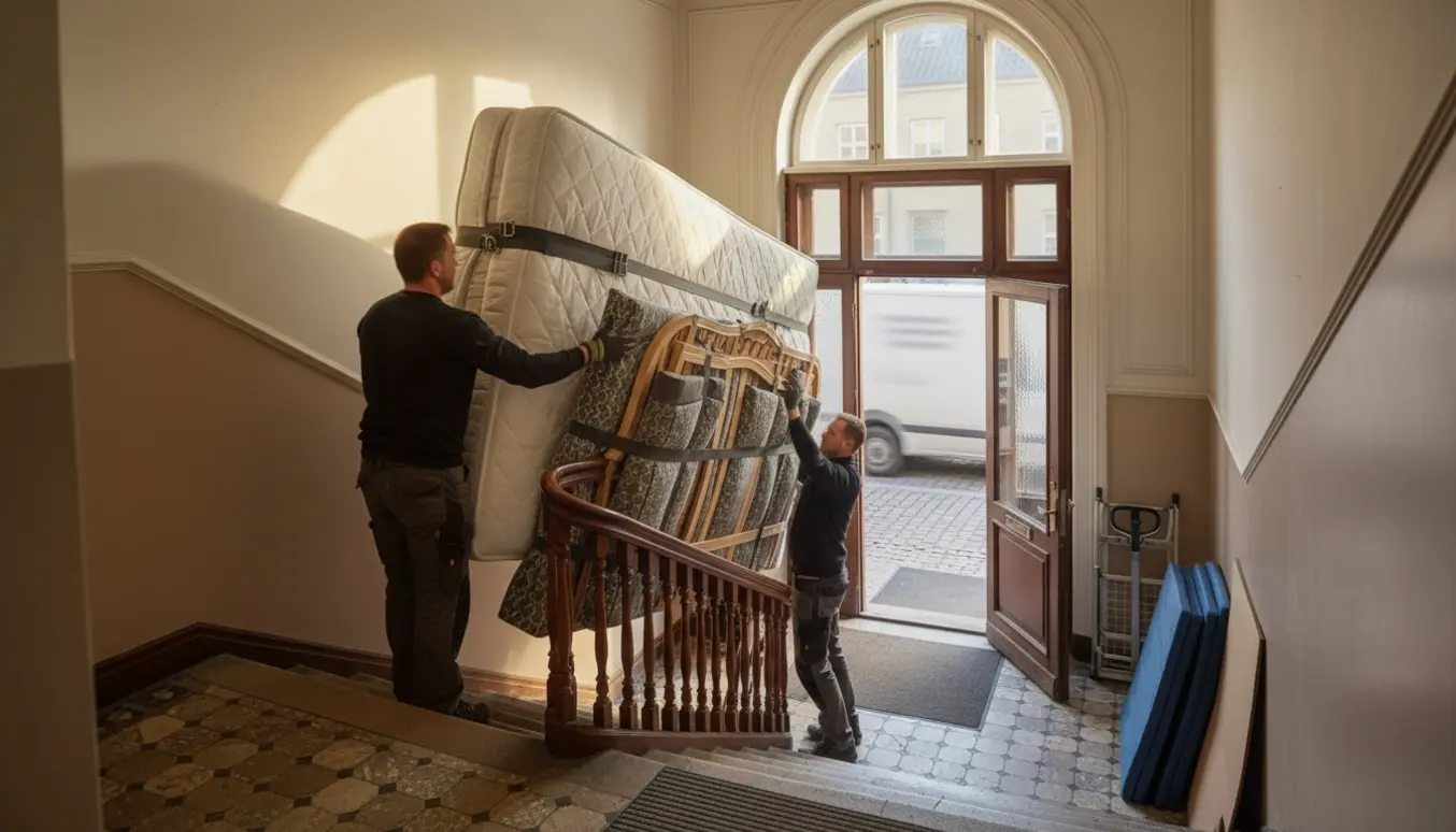 Flytning af en dobbeltseng ned ad en klassisk Østerbro-trappe, madrassen pakket ind og flyttefolk bærer den forsigtigt.