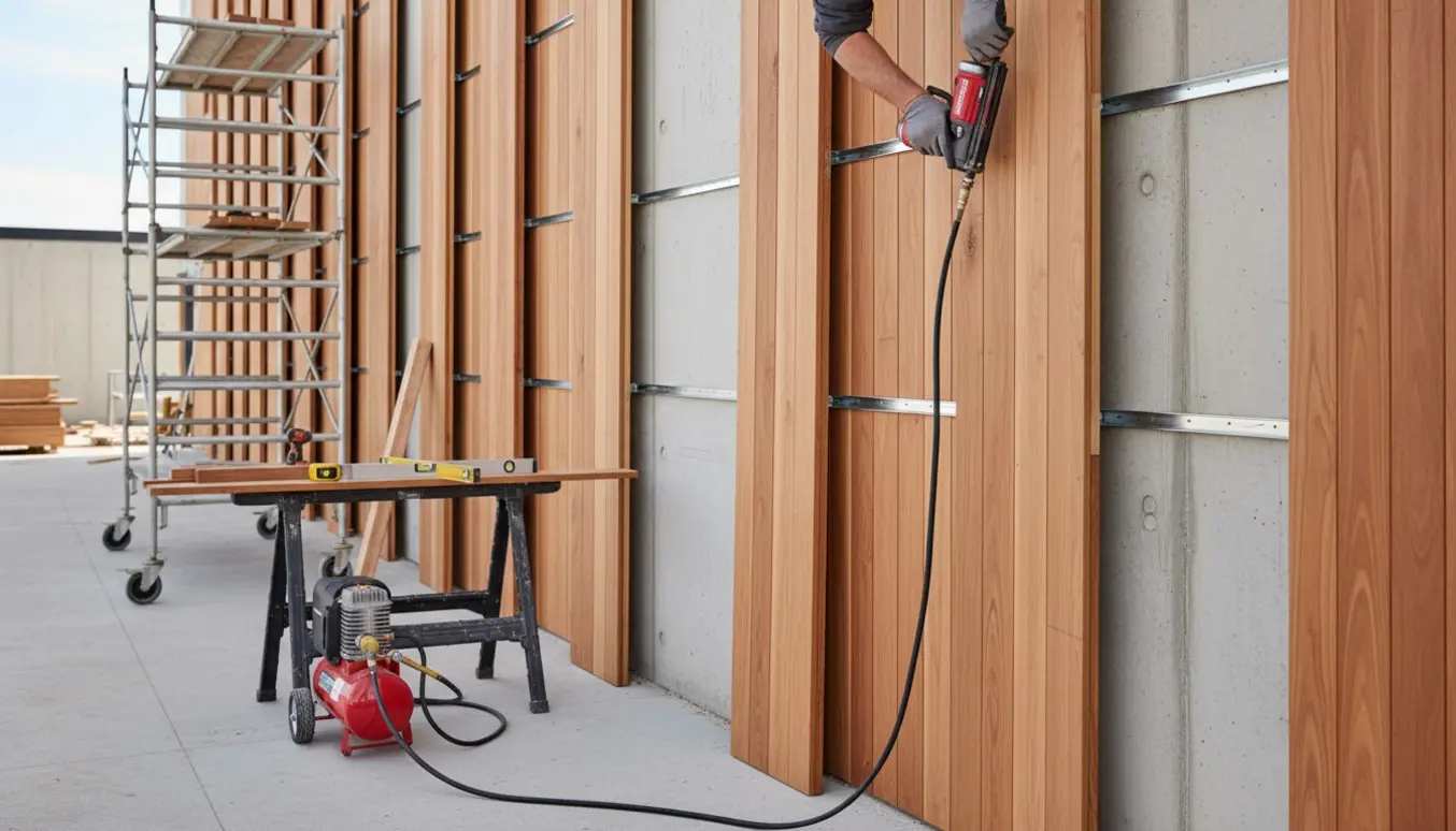 Håndværkere monterer lodret træfacade på stillads med klemlister og kompressor i baggrunden.
