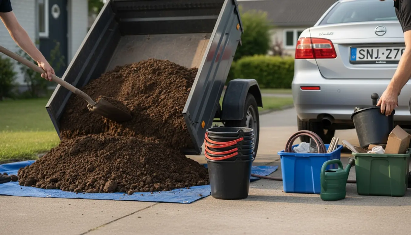 En anhænger tømmes for jord ved indkørslen med murerspande og containere klar til aflevering.